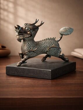 Bronze-Tone Mythical Qilin Sculpture - Decorative Home Art